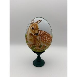 Hand Painted Wood Deer Egg with Stand Signed Artist Fawn Nature Decor